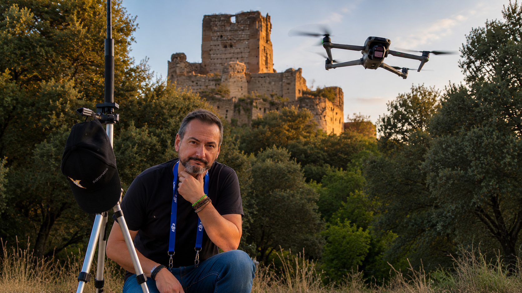 Pablo, creador de Kdronazo, junto a su trípode y dron DJI documentando un castillo en ruinas al atardecer